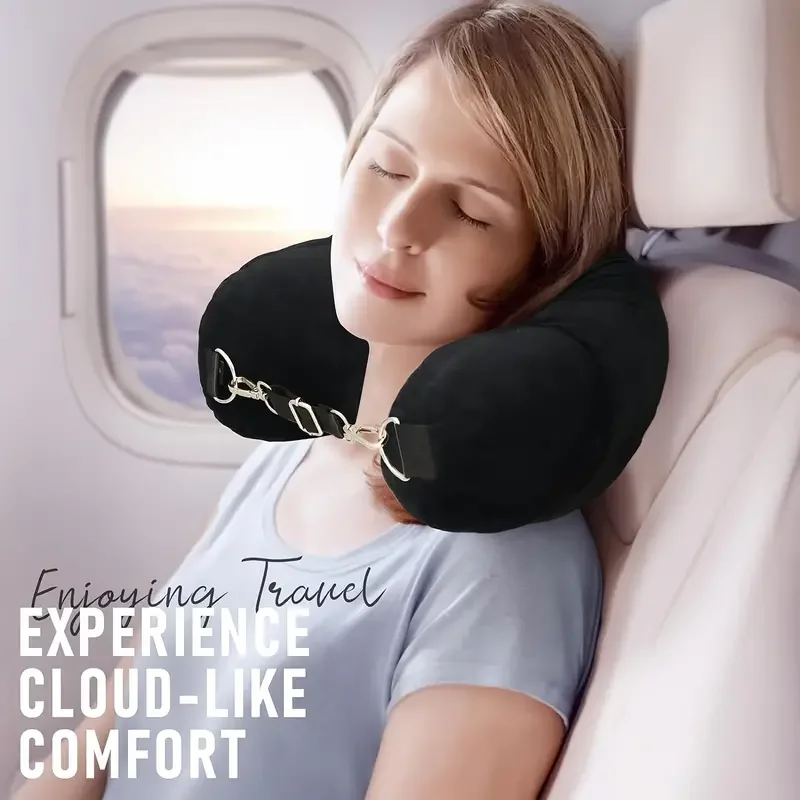 Almofada de pescoço de viagem em forma de U, capa de lã macia ajustável, pode ser preenchida com roupas para conforto