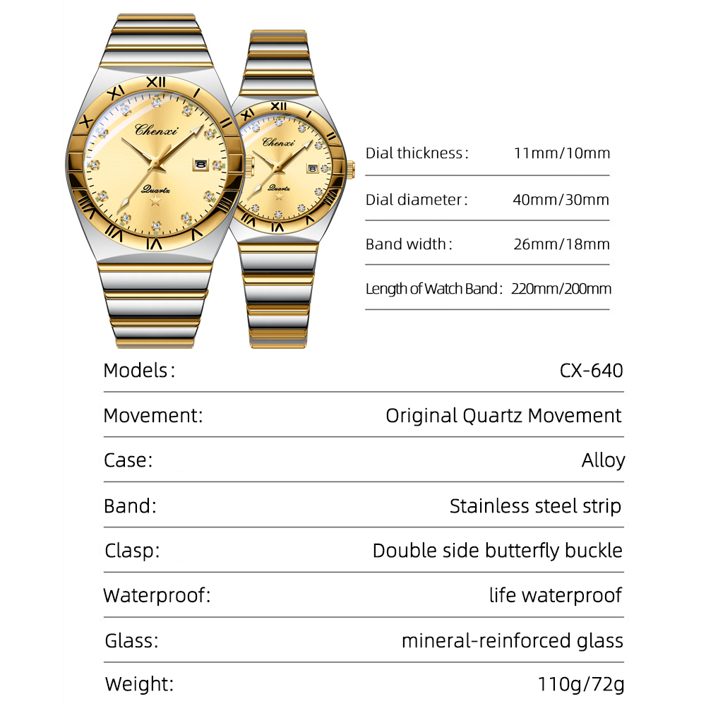 CHENXI-Relógio de pulso quartzo impermeável masculino, relógio de aço luminoso, moda de luxo, adequado para casais, amantes