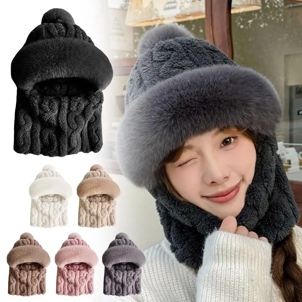 Chapéu de inverno para mulheres com capuz máscara facial fluff manter quente engrossar estilo pescoço cachecol com capuz gorro de malha cashmere pescoço mais quente