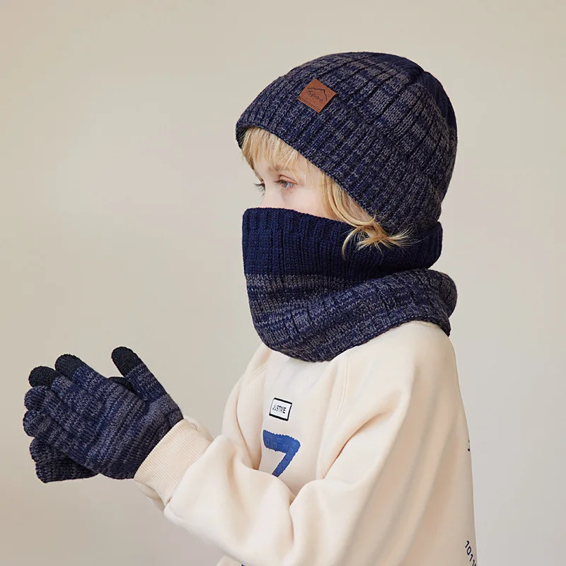 Conjunto de 3 uds de gorro de invierno para niños, bufanda y guantes, gorros de invierno con forro polar de felpa gruesa, redecilla corta para niños, conjunto de invierno de 2 uds para niño
