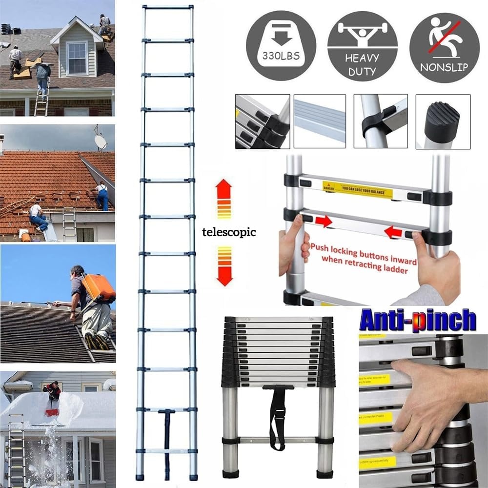 Échelle Télescopique Polyvalente en Acier Inoxydable, Extensible, avec Pieds Antidérapants, Portable, Robuste, Loft, EN131, 10.5 Pieds, 3.2m