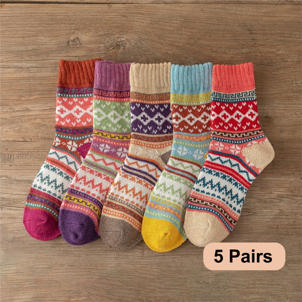 5 par/lote nuevo Witner calcetines gruesos y cálidos para mujer calcetines de Navidad Vintage calcetines coloridos regalo tamaño libre YM7020