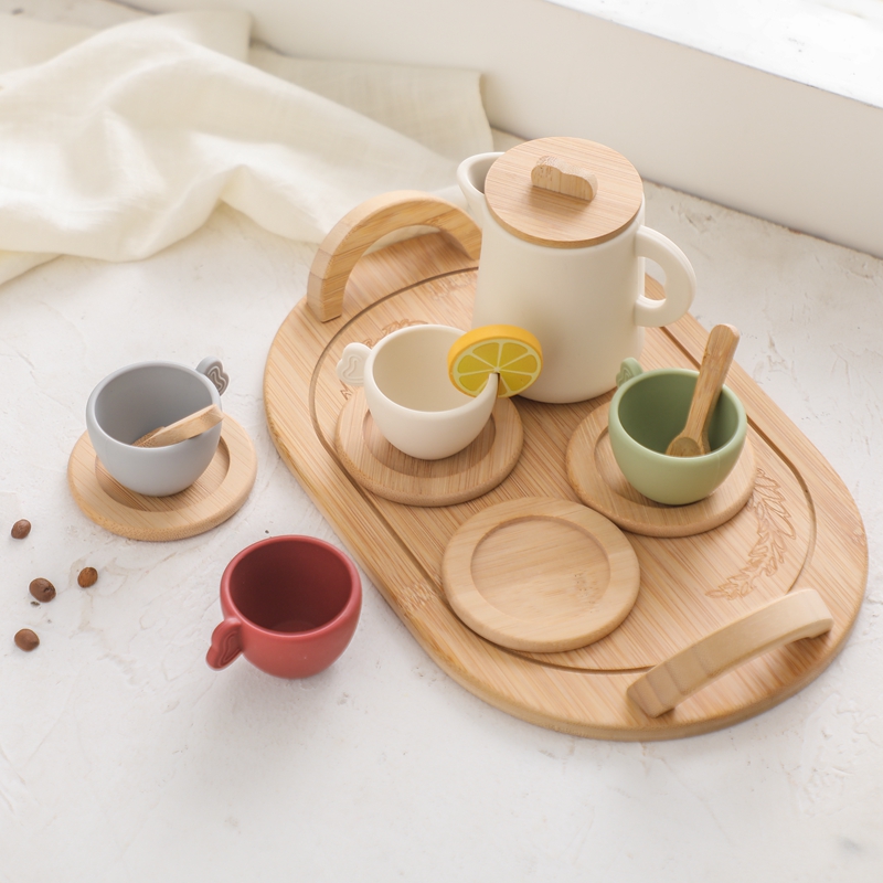 Holz Teekanne Teetasse Kinder Montessori Spielzeug Simulation Küche Utensil BPA FREI Silikon Kid Bildung Pretend Spielen Spielzeug Geschenk