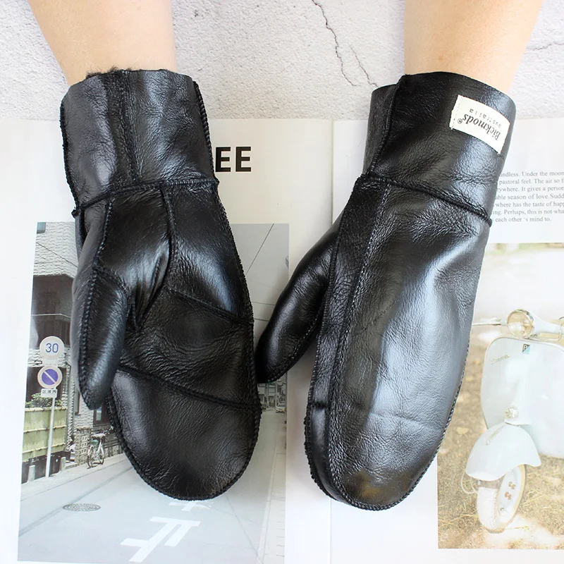 Luvas de pele de carneiro femininas cor de lã de couro inverno calor espessamento ao ar livre à prova de frio menino estudante luvas à prova de vento