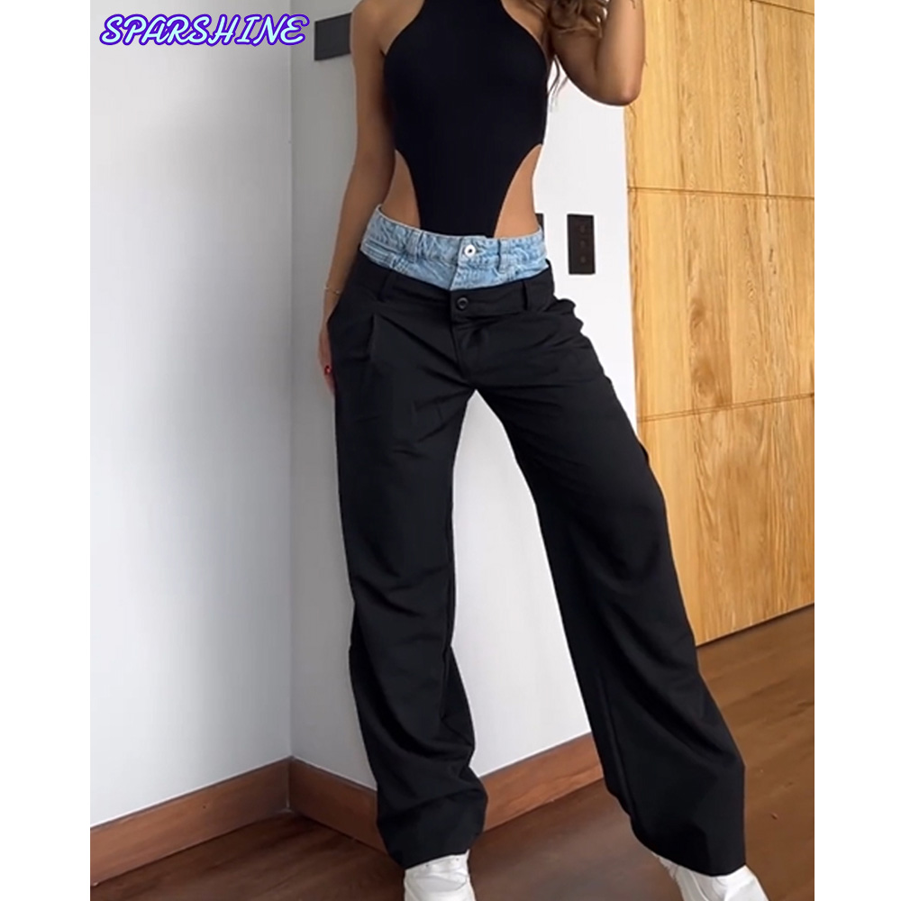 Einzigartige Retro Colorblock Gespleißt Denim Hosen Für Frauen Hohe Taille Patchwork Zipper Temperament Gerade Hose Weibliche Mode Stil