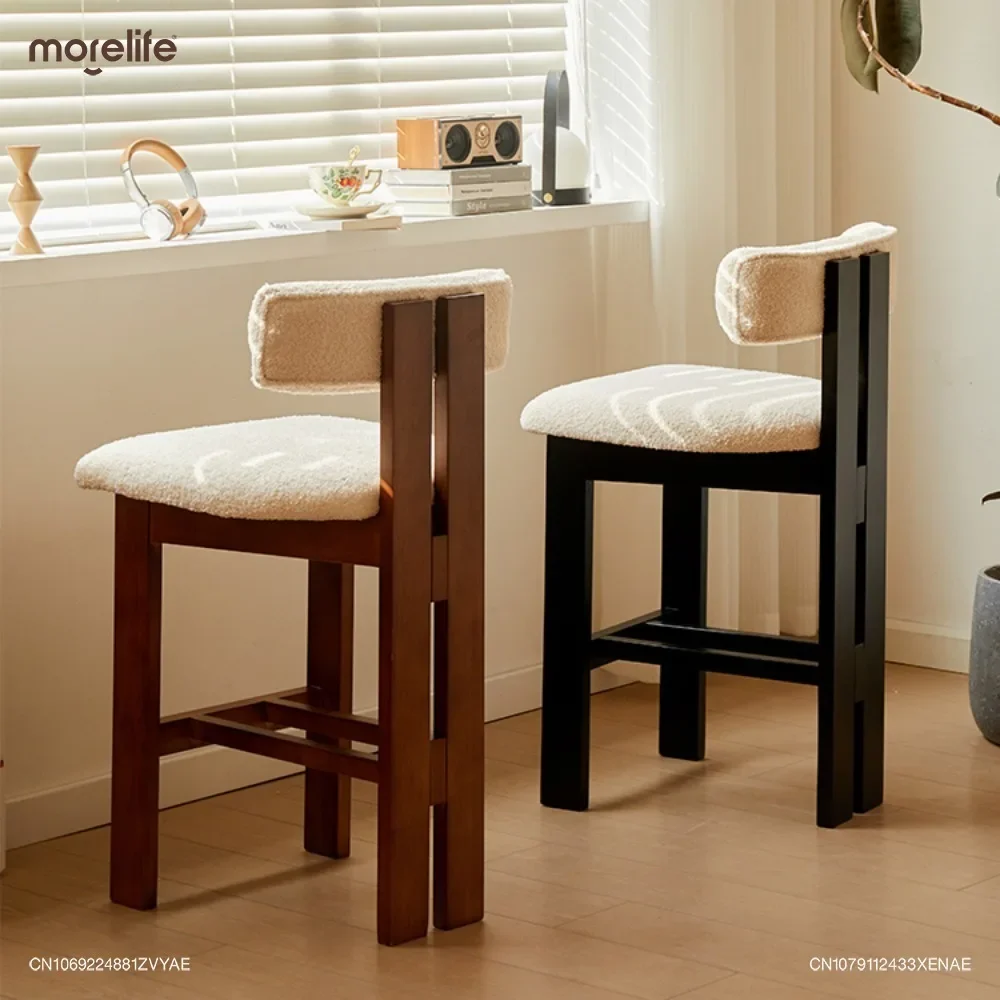 Nordic Retro Medieval Bar Chairs Home Usage Style Lamb Plush Soft Bag Backrest High Legged Stools Leisure Solid Wood Bar Chair