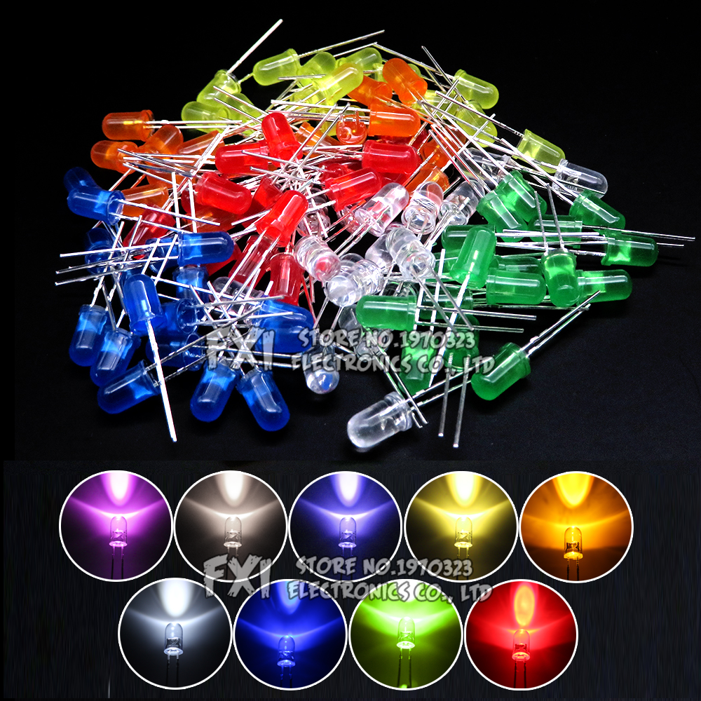 100PCS F5 LED ไดโอด 5 มม.ชุดสารพันสีขาวสีเขียวสีแดงสีฟ้าสีเหลืองสีส้มสีชมพูสีม่วง WARM White DIY ชุดไดโอดเปล่งแสง bxv