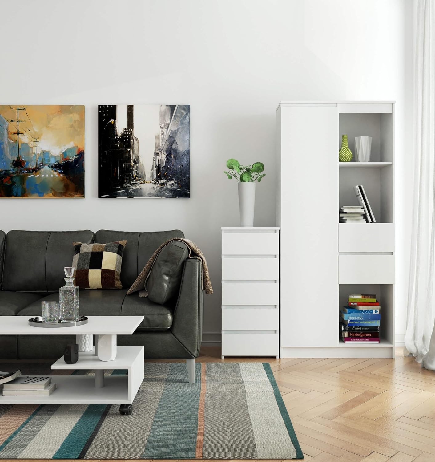 con 5 cajones |   Cómoda Alta |   Mueble Moderno para Sala de Estar, Comedor, Dormitorio, Entrada, baño |   Armario par