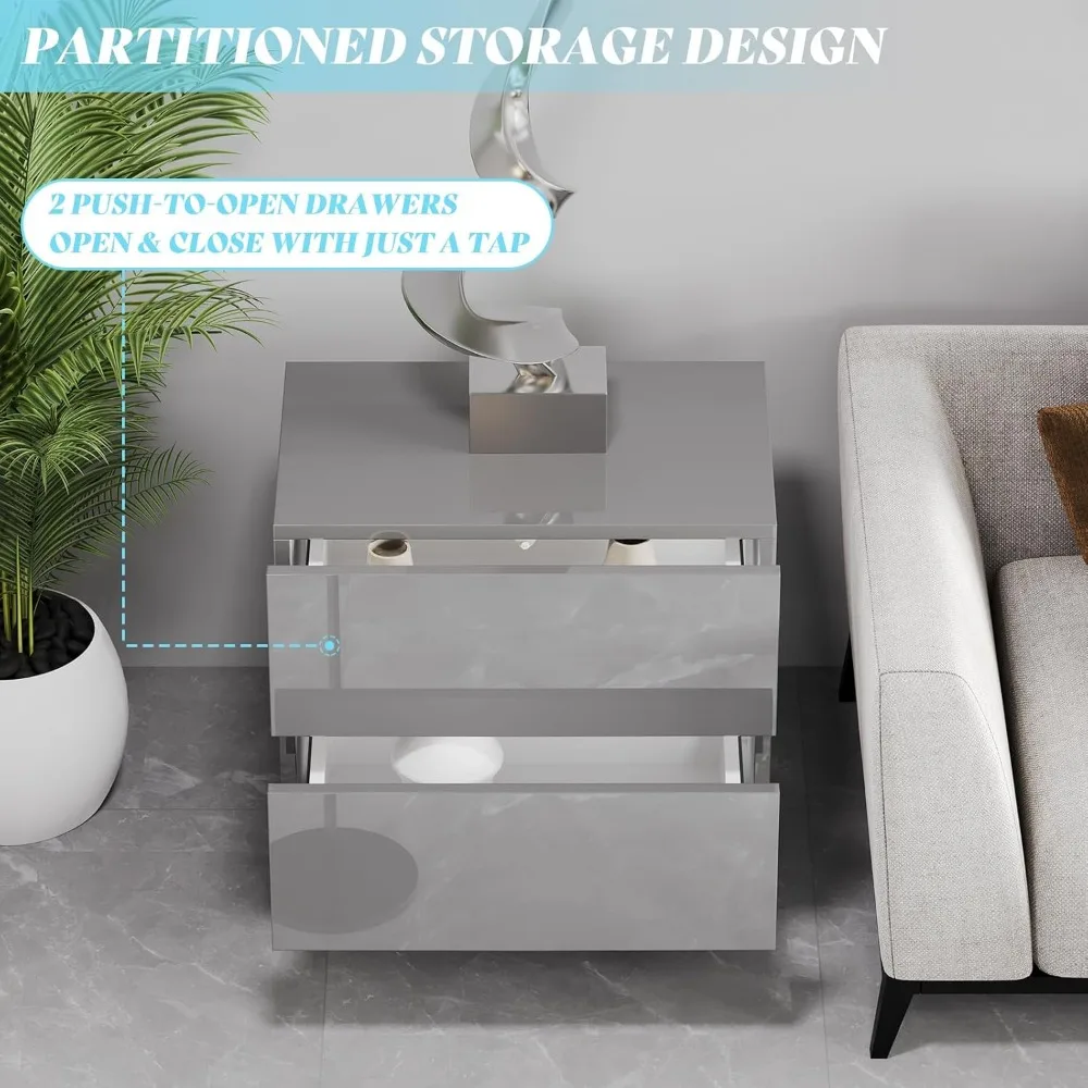 Modern Minimalist Nightstand Set of 2, 24" High Gloss Electroplated Sofa Side Table with 2 Magnetic Storage Drawers, Rectangula