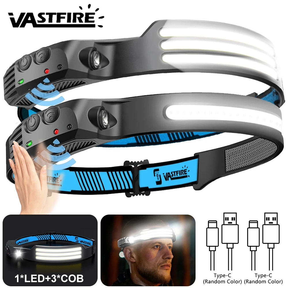 Linterna frontal de inducción COB + linterna LED con batería integrada recargable por USB para exteriores impermeable Camping pesca trabajo linterna ﻿