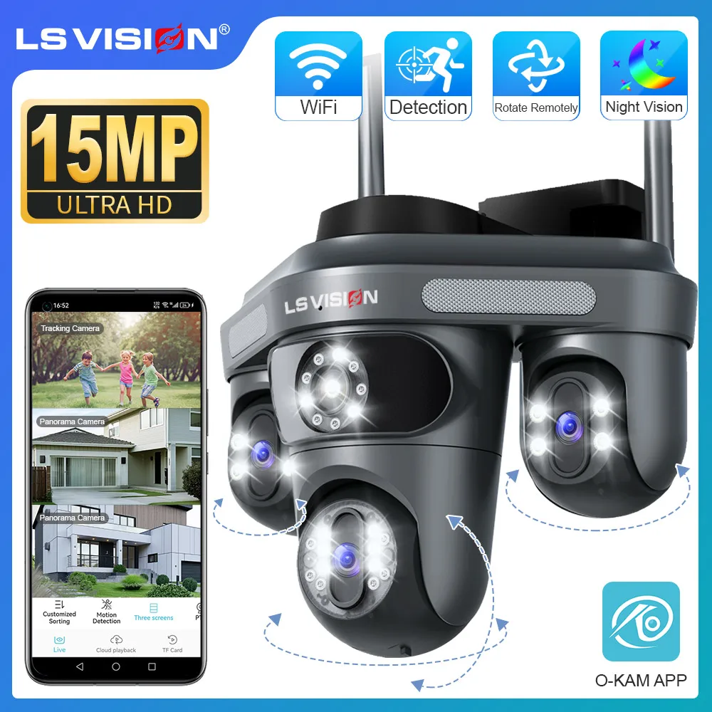 LS VISION 15MP tres pantallas WiFi cámara IP inalámbrica al aire libre tres lentes PTZ Audio bidireccional cámaras de vigilancia de seguimiento automático humano
