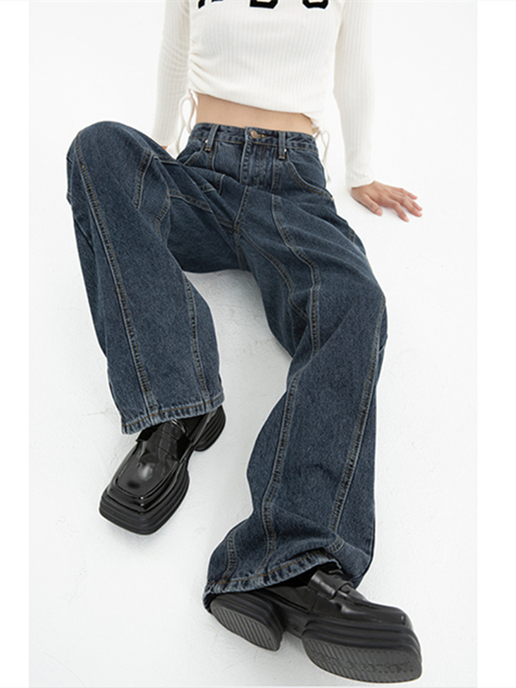 สีน้ําเงินเข้มกางเกงยีนส์สตรีสูงเอวตรง Baggy DENIM กางเกง Streetwear สไตล์อเมริกันแฟชั่นขากว้าง DENIM กางเกง