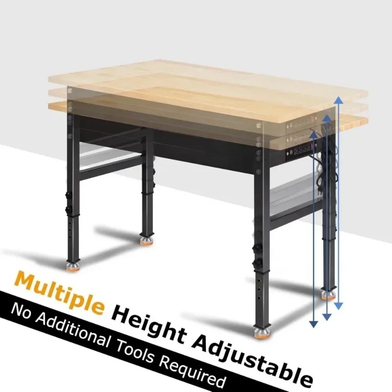 Rubber Wood Top Workbench Heavy-Duty Work Table with Power Outlet, 2000 LBS Load Capacity，48" Adjustable Work Bench