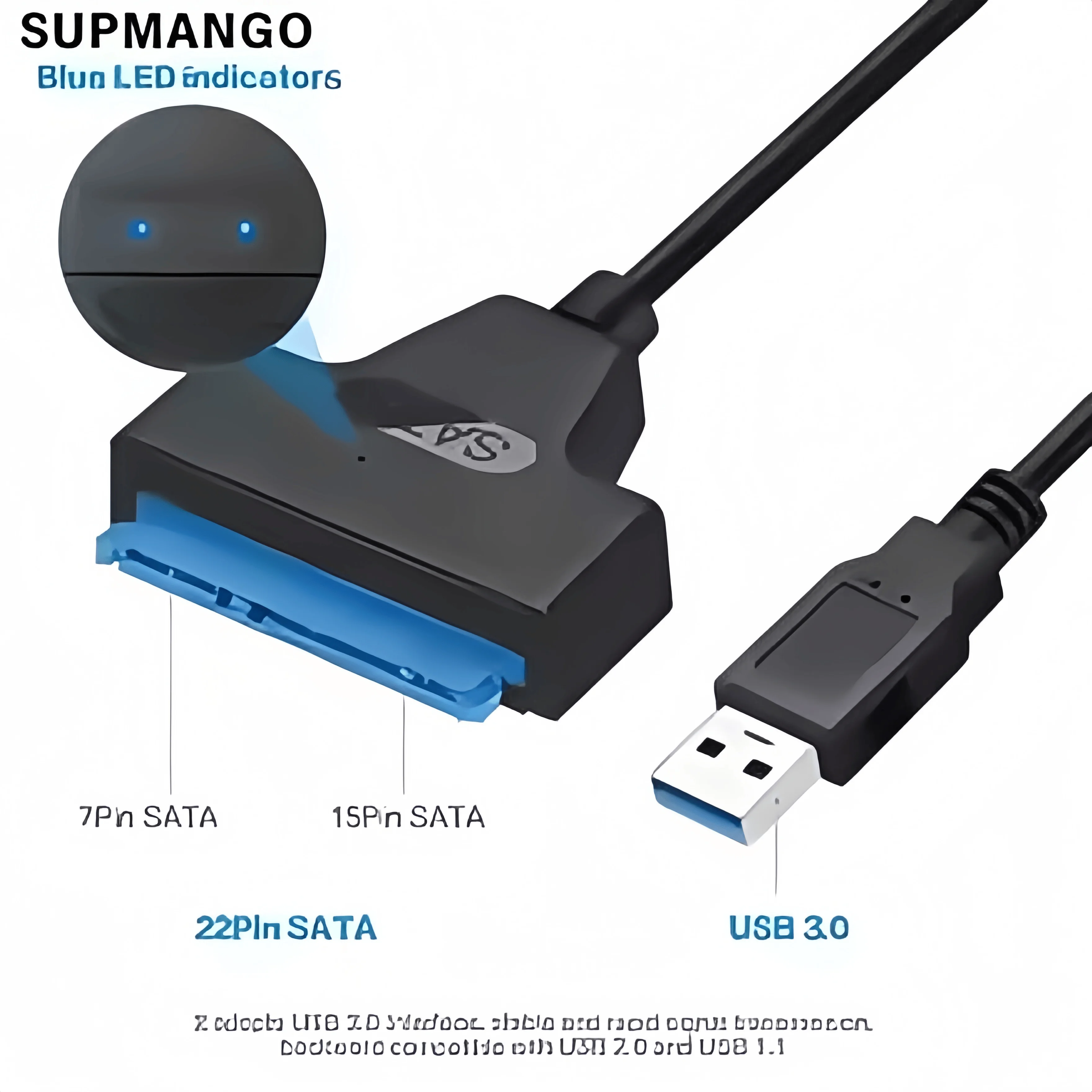 Cable adaptador USB 3.0 a SATA para HDD/SSD de 2,5" - Transferencia de datos de alta velocidad de 6 Gbps - Convertidor de disco duro SATA III (22 pines)