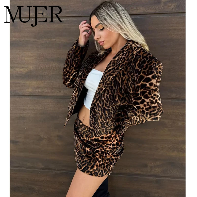MUJER Leopardenmuster Blazer für Frauen Luxus Samt Damen Blazer Anzug Set Langarm Büro Blazer Frau Mode Outer