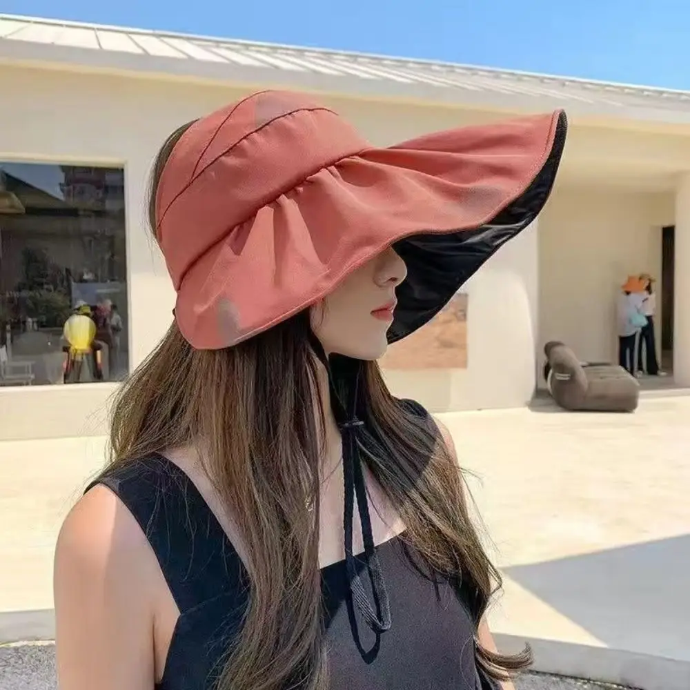 UV Protection Large Visor Sun Hat Foldable Empty Top Summer Sun Cap Adjustable Korean Style Sunscreen Bucket Hat Beach
