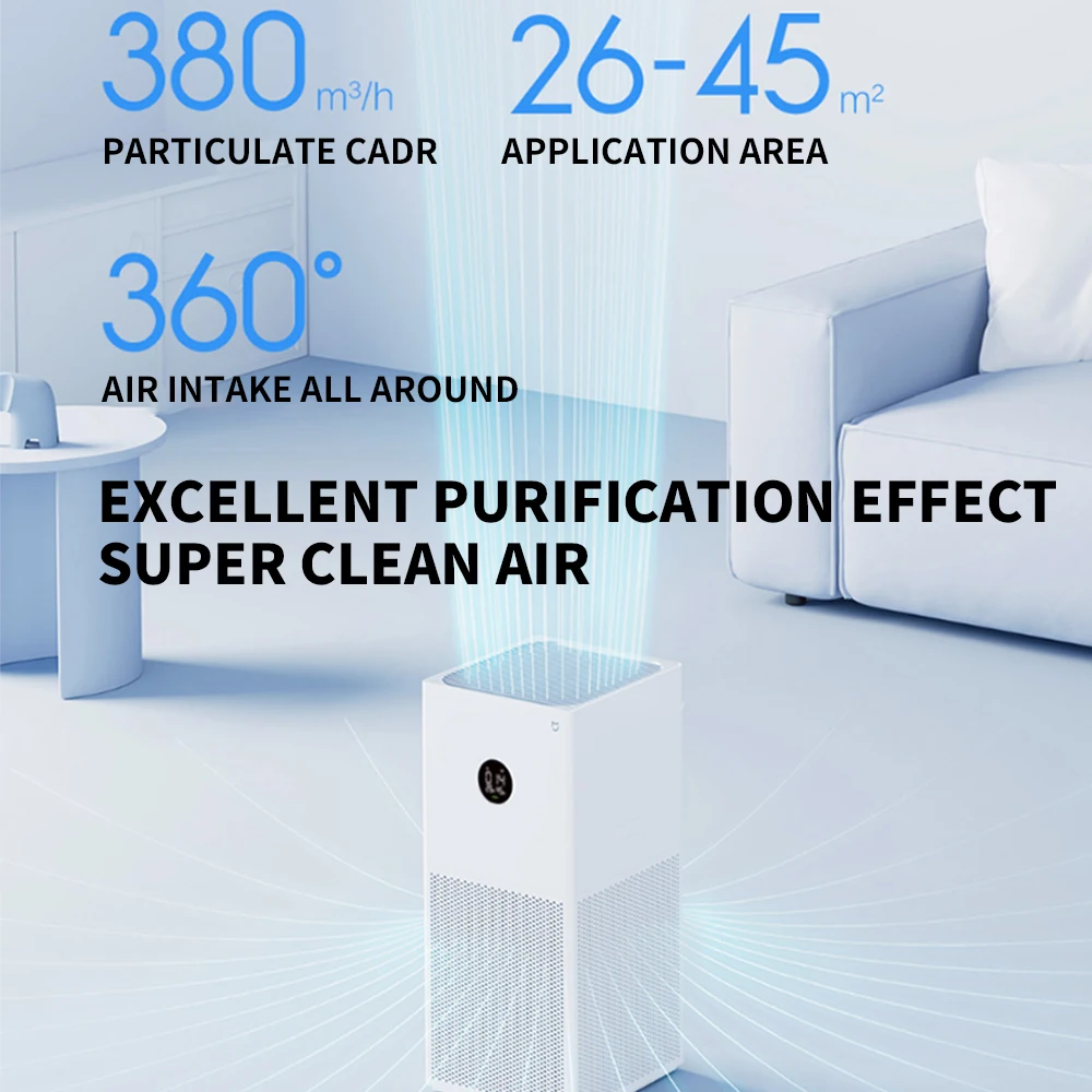 XIAOMI-MIJIAスマート空気清浄機、家庭用空気イオナイザー、低ノイズ、4 lite、LEDディスプレイ、4倍浄化、ホルムアルデヒド除去、35.db (a)