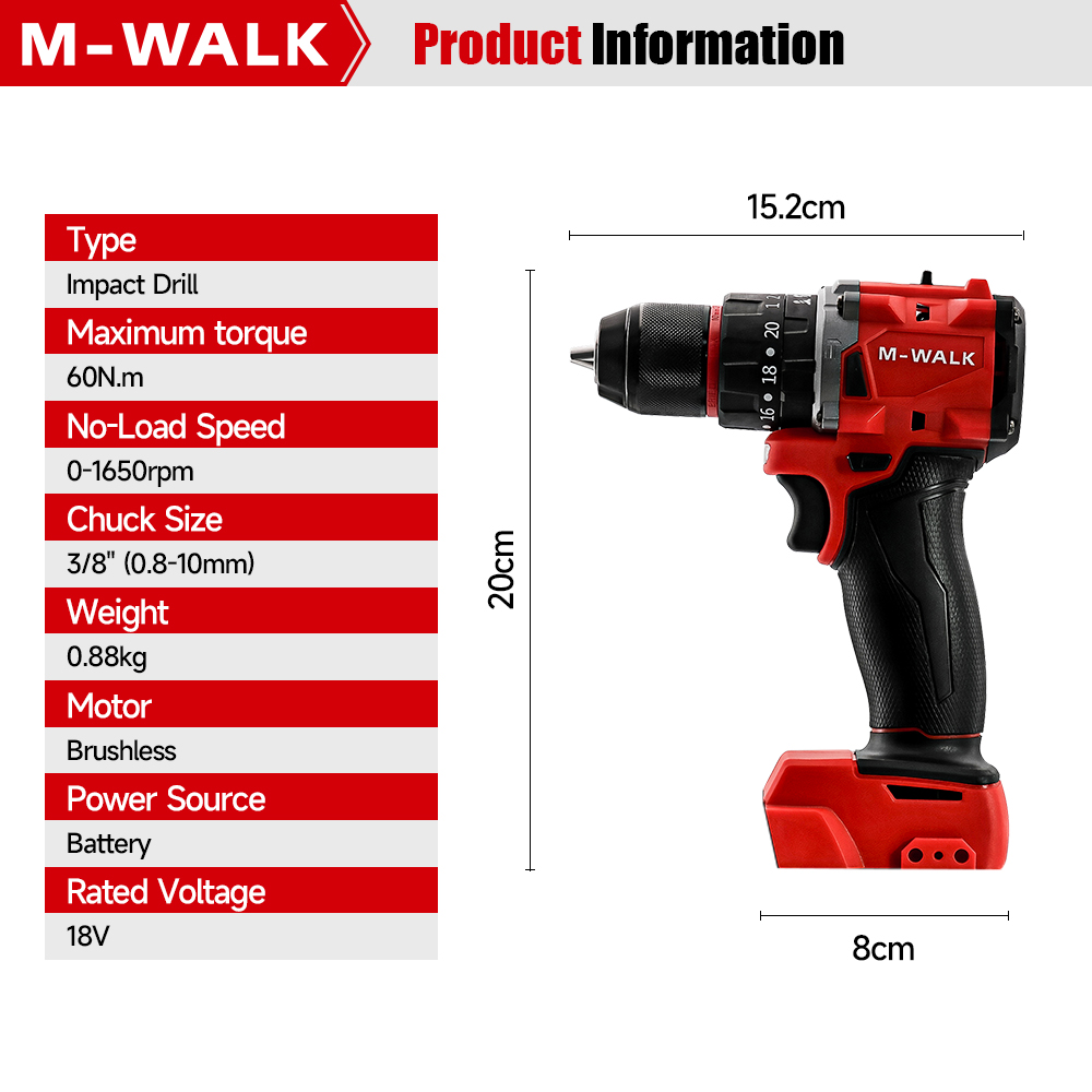 M-WALK プロフェッショナル ブラシレス インパクトドリル – コンパクト＆軽量設計、ミルウォーキー18Vバッテリーピン対応 無段階電気ドリル
