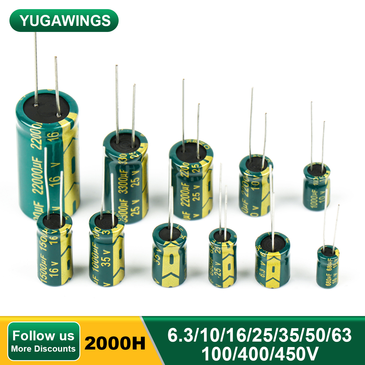 Конденсатор 6,3 В 10 В 16 В 25 В 35 В 50 В 63 В 100 В 400 В 450 В Алюминиевый электролитический конденсатор с низким ESR для сварки вывода 2000 часов -40 + 105 ℃