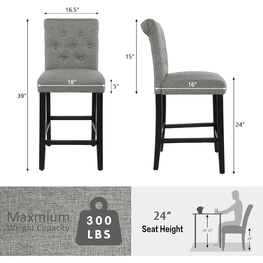24inch Counter Height Bar Stool, Set of 4 Counter Height Chairs for Kitchen Island Upholstered Back Bar Chairs Fabric Barstool
