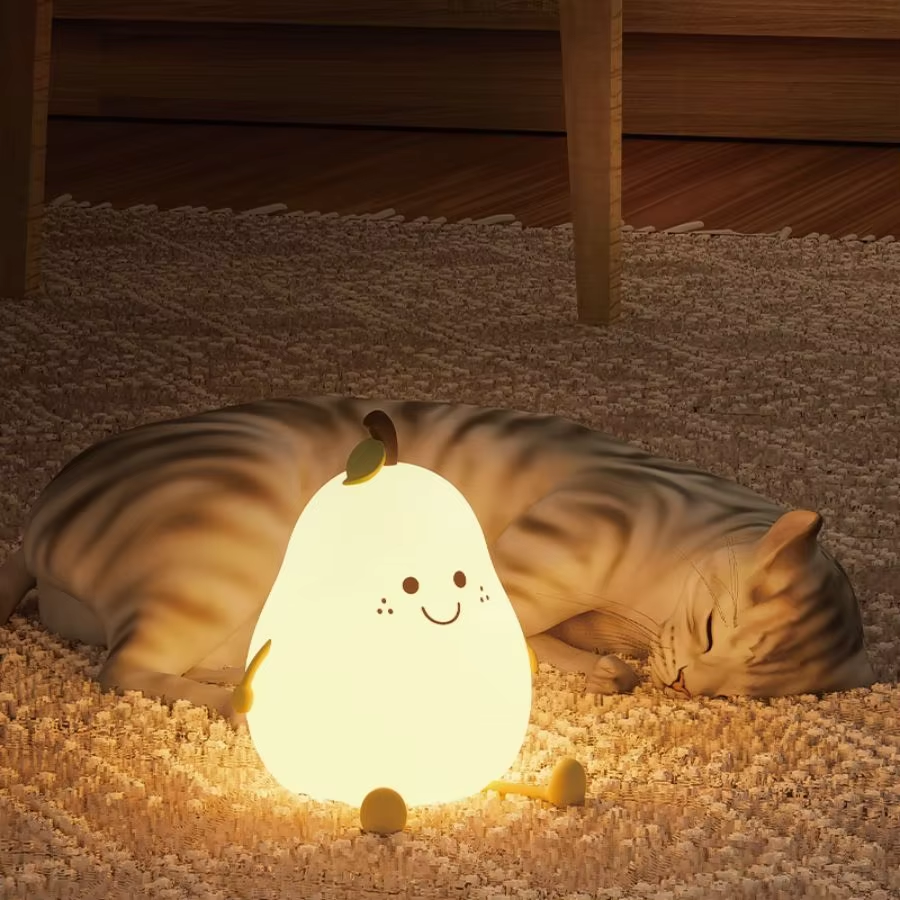 Led pêra fruta silicone luz da noite 7 cores escurecimento toque usb recarregável dos desenhos animados lâmpada de cabeceira decoração do quarto bonito presente do miúdo
