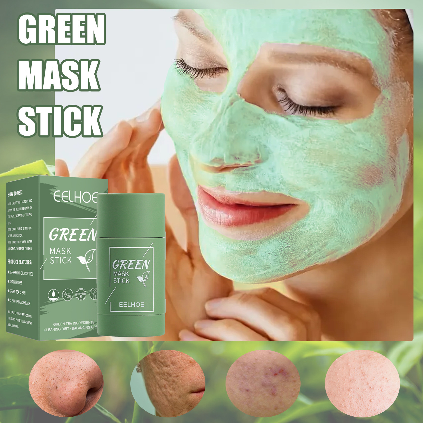 Mascarilla sólida para eliminar espinillas, 40ml, té verde, palo limpio, mascarilla Facial, disipa el acné, imperfecciones, reduce los poros, cuidado de la piel coreano, paquete múltiple