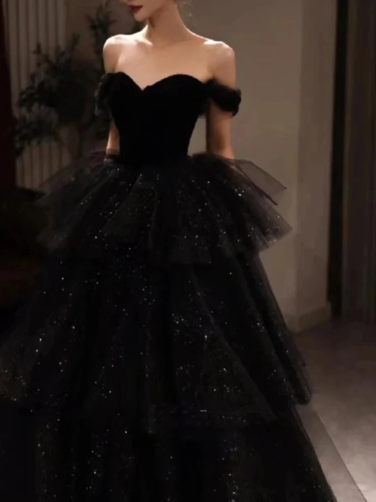 Vestido de noche negro de cintura elegante francés, vestido de graduación de cumpleaños de un hombro, vestido de baile Simple Sexy, vestido de fiesta de boda de malla plisada