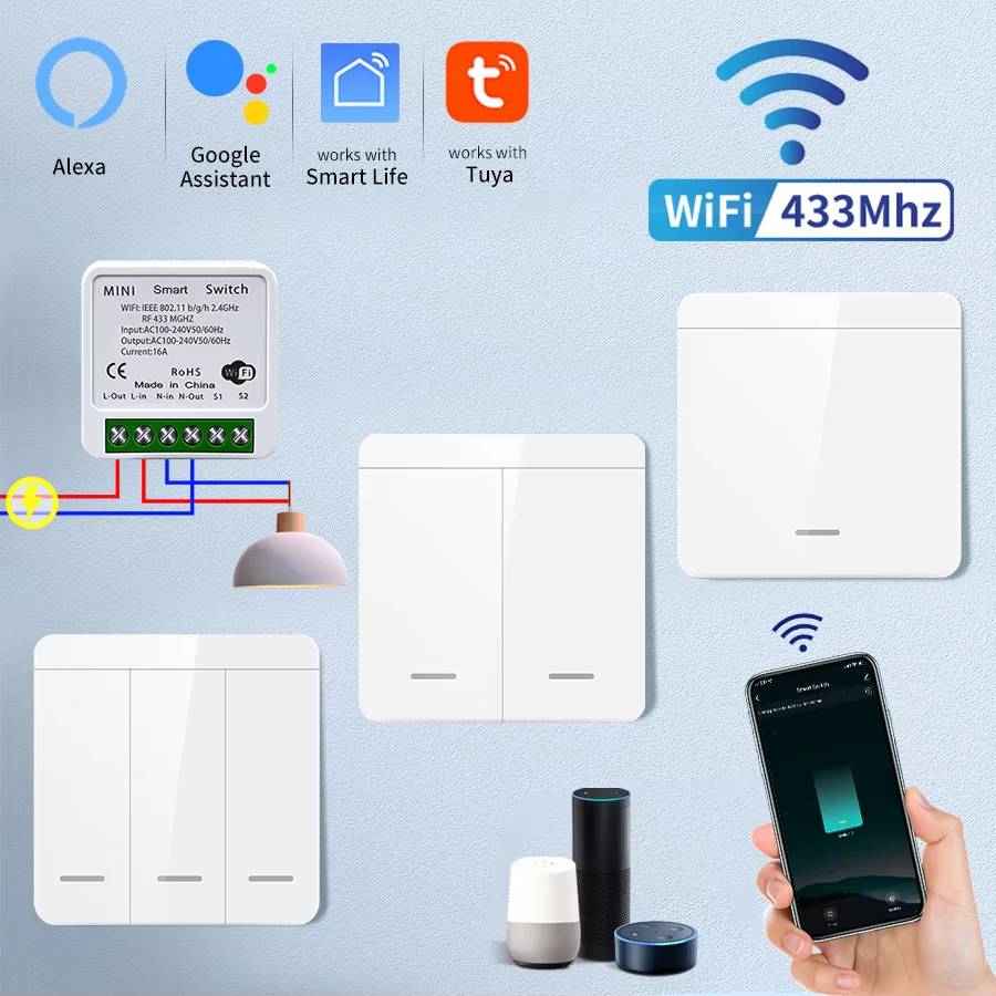 Tuya WiFi Smart Light Switch Smart Home Wireless RF 433mhz Push Button Wall Switch Via Alexa Google Home Alice Smart Life App