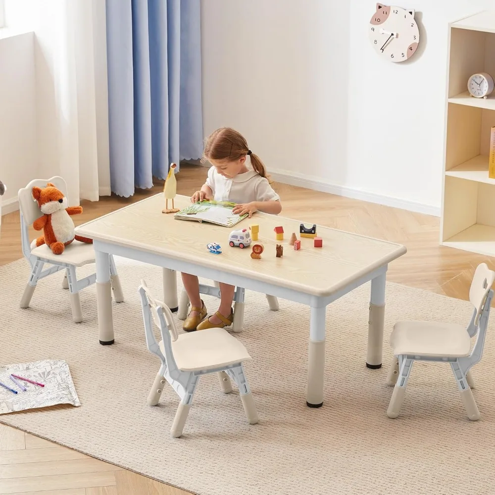 Kids Study Table and Chairs Set, Height Adjustable Toddler Table and Chair Set for Kids Ages 3-8, Graffiti Desktop (Burlywood