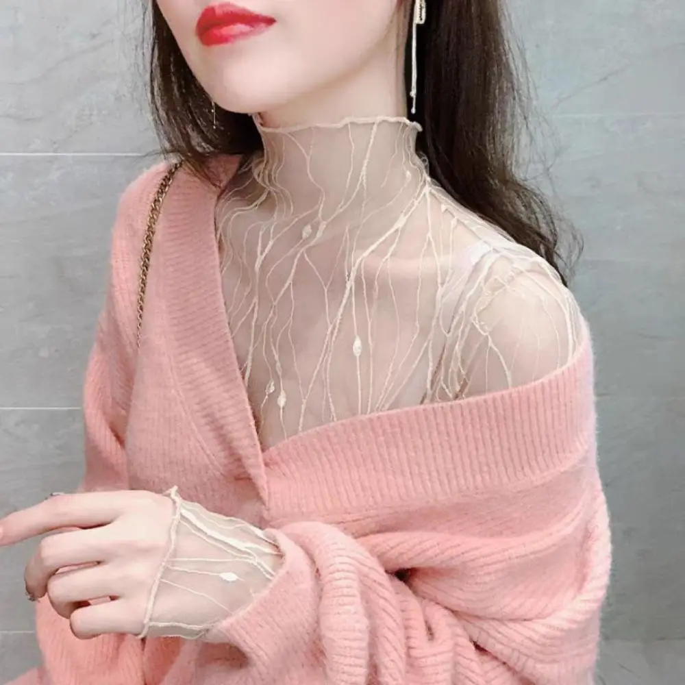 黒のセクシーな女性長袖トップシースルーメッシュタートルネックブラウス日焼け止めトップスシャツオールマッチ底入れ Tシャツ女性のための