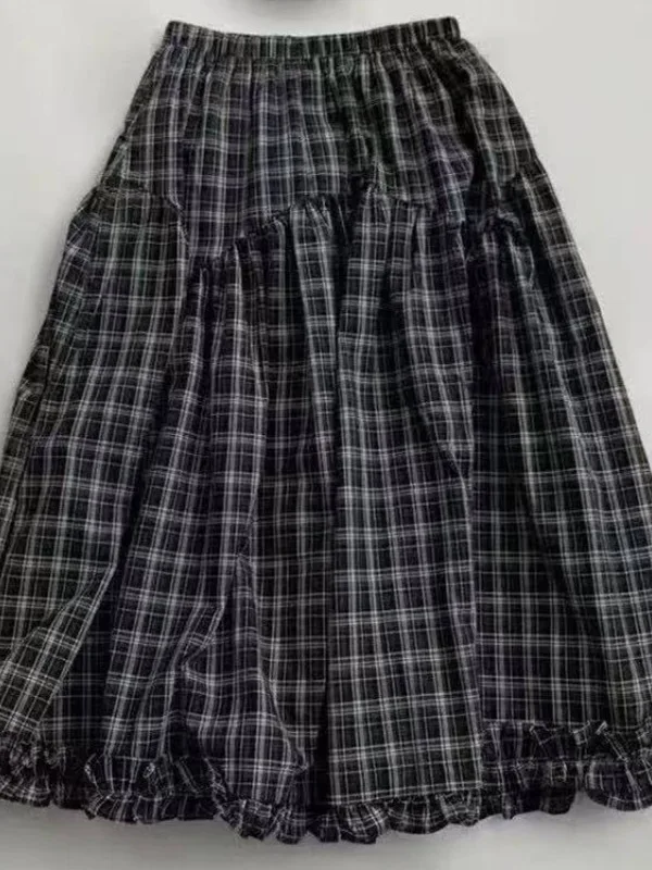 falda Retro Nea a Cuadros, Línea A, para Mujer, Verano 2025, Cintura Alta, Dobladillo Evase, Adorno Floral, Estilo Para...