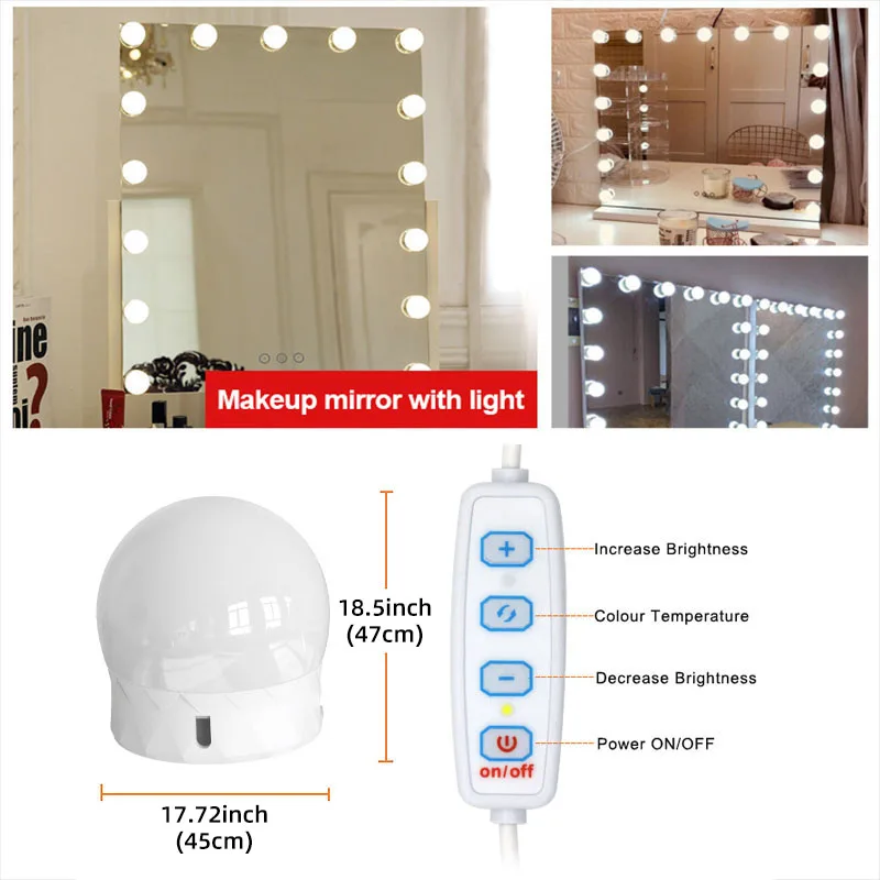 Luce di riempimento per specchio per trucco a LED, luce tricolore con luminosità regolabile, luce ambientale per specchio di bellezza plug-and-play