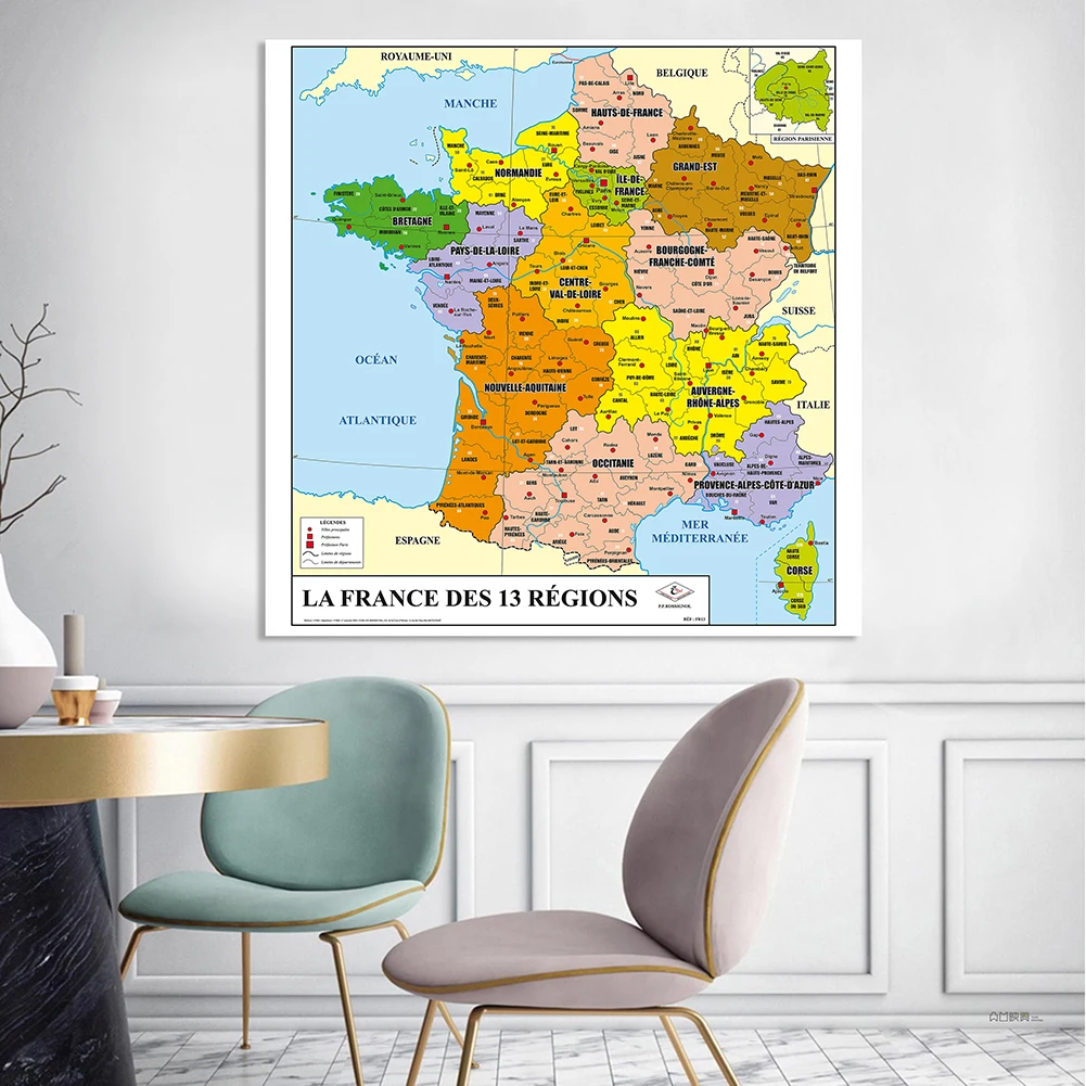 150*150cm pôster de parede vinil, mapa político frança em tecido, não-tecido decoração de casa sala de aula material escolar