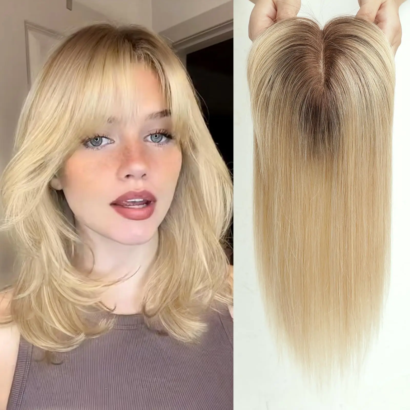 Ombre loira em linha reta remy cabelo humano toppers com franja peruca pedaço de cabelo base de seda clipe em topper cabelo superior para perda de cabelo feminino