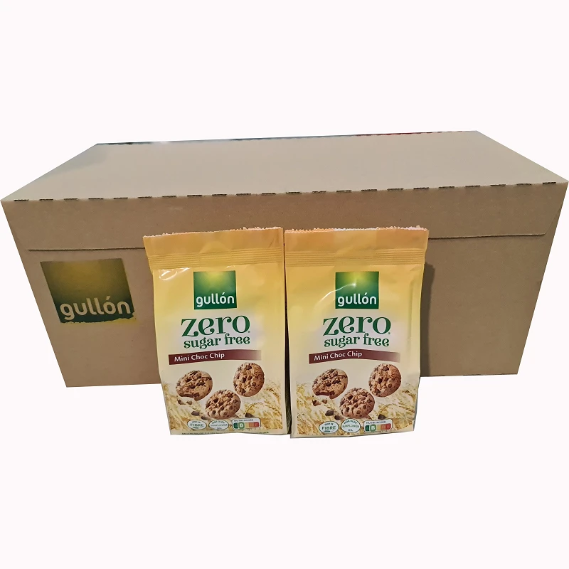 Choco ZERO Mini Chip Gullon-caixa com 12 peças-Choco ZERO Mini Chip biscoitos são vegetarianos, feitos com óleo de girassol alto oleico e açúcares adicionados ZERO