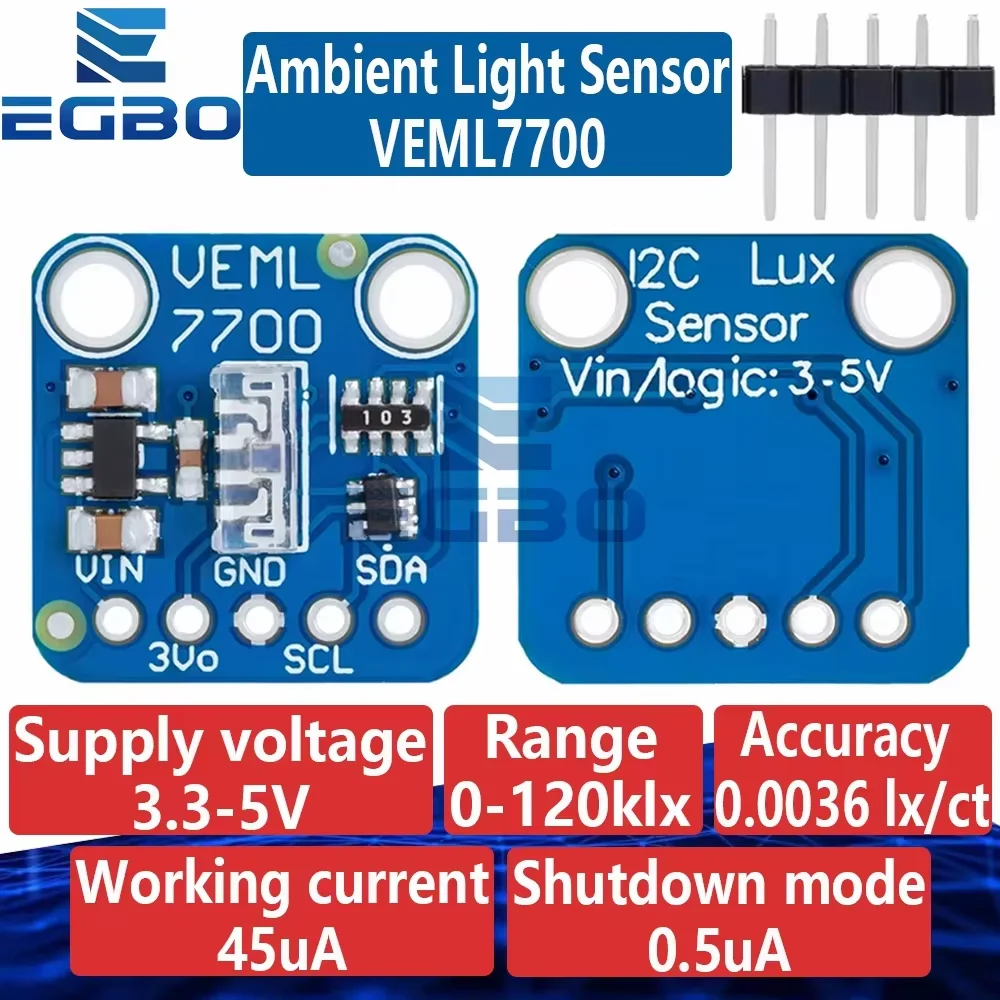 Módulo Sensor de luz ambiental VEML7700, placa Sensor de medición de luz Lux de 120k, interfaz I2C IIC de 3,3 V y 5V para Arduino Raspberry Pi