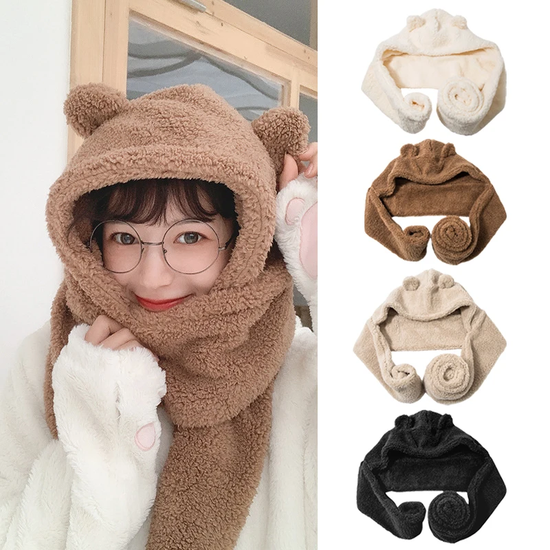 Mode Winter Frauen Bär Multifunktionale Mützen Kappe Warme Bär Ohr Hüte Casual Plüsch Hut Schal Set Casual Solide 3-stück Sets