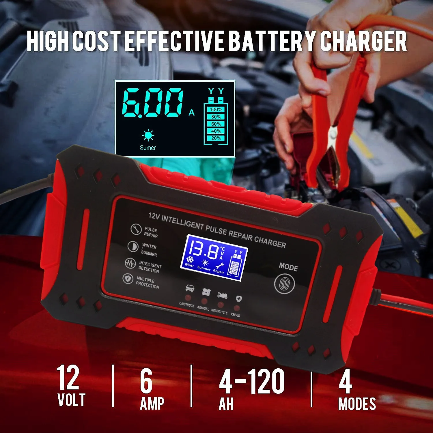 Automatyczna ładowarka akumulatorów samochodowych 12V 6A z cyfrowym wyświetlaczem LCD, ładowarka impulsowa 12AH do naprawy akumulatorów kwasowo-ołowiowych mokrych i suchej elektrolity.