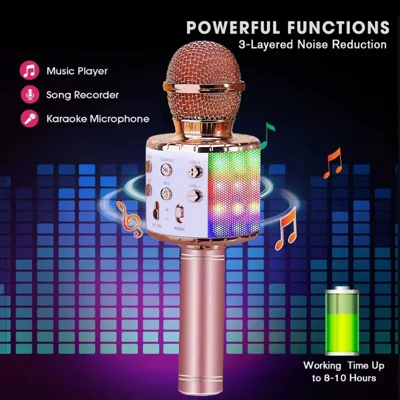 子供用のBluetooth付きLEDワイヤレスマイク,オリジナルのサウンドスピーカー,カラフルなライト,カラオケ,歌,音楽の除去