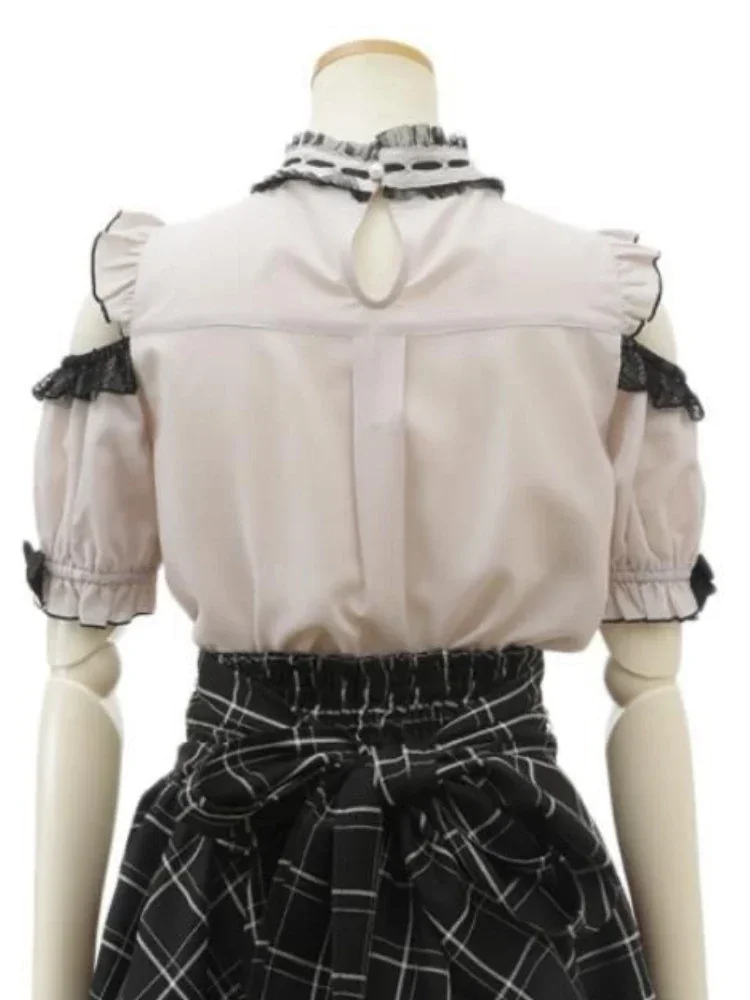 Blusa japonesa Lolita Kawaii con hombros descubiertos, camisas De retazos De encaje Y2k con lazo estético para Mujer, Blusas JK que combinan con todo