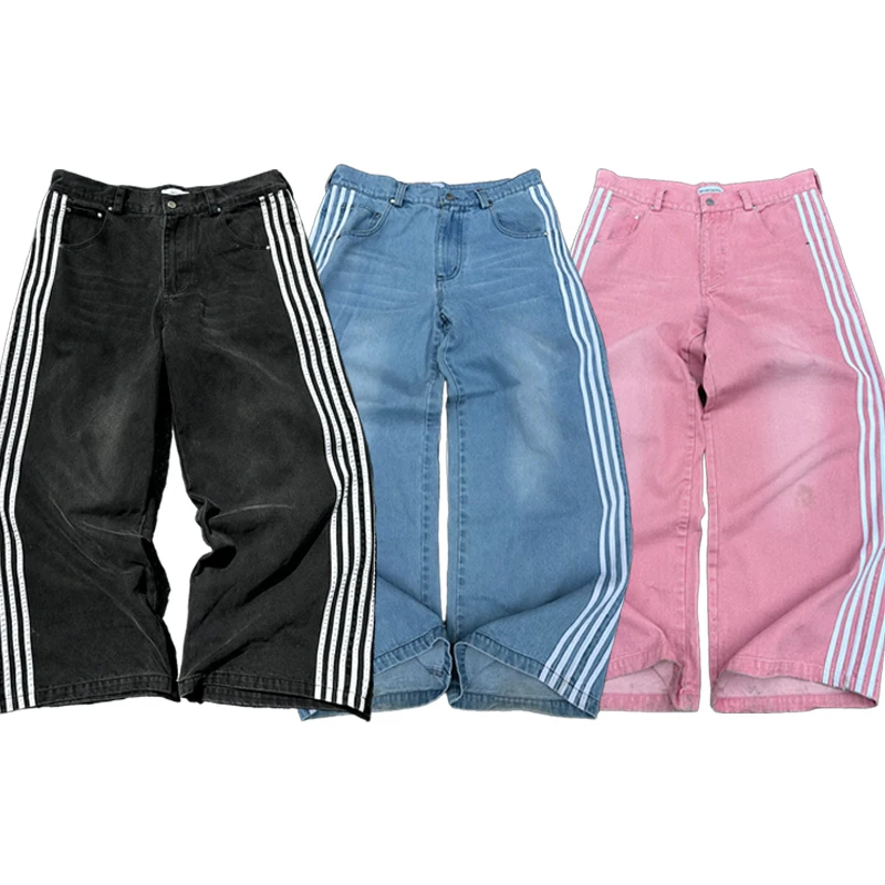 Streetwear Baggy Jeans Männer Frauen Y2K Gestreifte Gestickte Einfache Casual Jeans Harajuku Retro Lose Breite Bein Hosen Unisex Hosen
