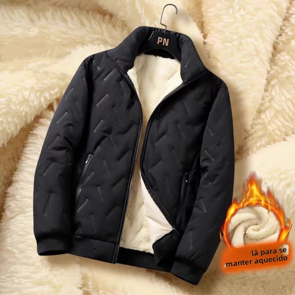 Jaqueta Masculina de Aodão com Forro de Veludo de Cordeiro, Ajuste Solto, Gola Alta, Moda Jovem, Inverno Quente, Resistente...