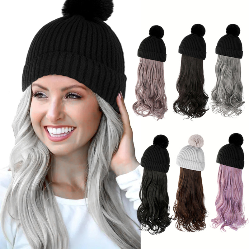 Fashion Hat Wig Brimless Cap with Long Curly Wave Hair Extensions Knitted Synthetic Removable Hairs Piece for Women Winter Use