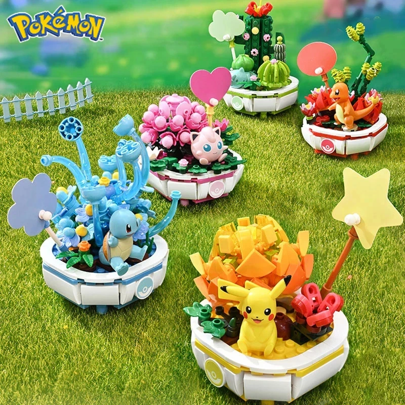 Pokemon vaso bloco de construção pikachu charmander squirtle modelo brinquedo exibição desktop planta criativa flor tijolos crianças brinquedos presentes