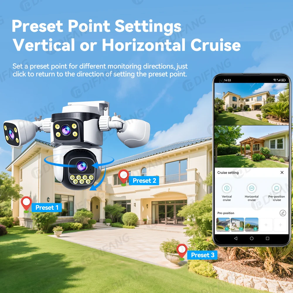 Cámara WiFi de seguridad para el hogar de cuatro pantallas 10K 20MP 360 °   Cámara de vídeo de protección de seguridad IP de vigilancia inalámbrica CCTV con zoom PTZ 5X