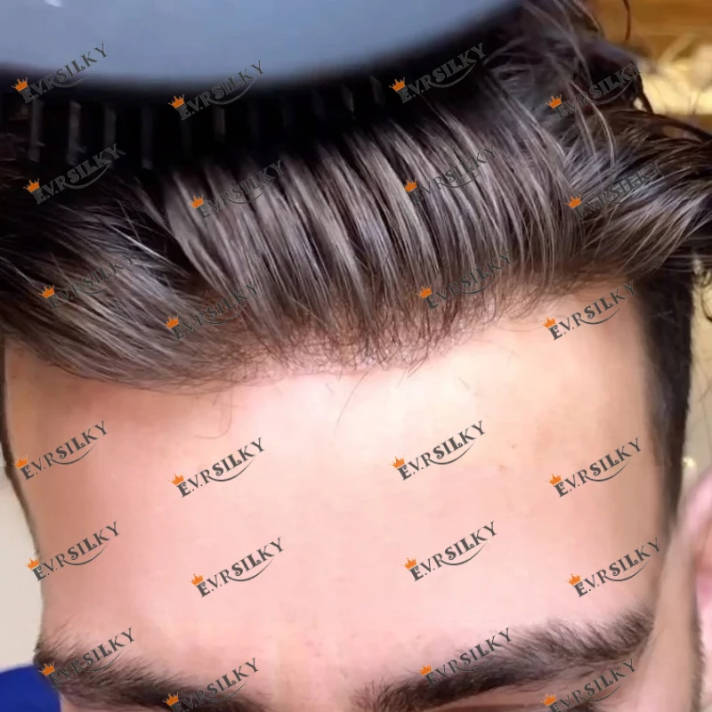 1B40 1B65 สีเทามนุษย์ผมผู้ชาย Toupee ตรวจไม่พบ 0.1 มม.ฐาน PU Man วิกผมเปลี่ยนเส้นผมธรรมชาติผม Prosthesis Capillary