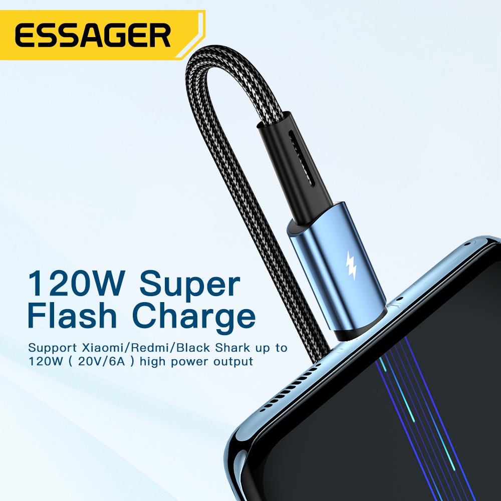 Essager 120W Sạc Siêu Nhanh Loại-C 67W Cáp Sạc Nhanh USB Cáp 6A Dành Cho Xiaomi 12Pro redmi K50 Note 11Pro Cá Mập Đen 5Pro