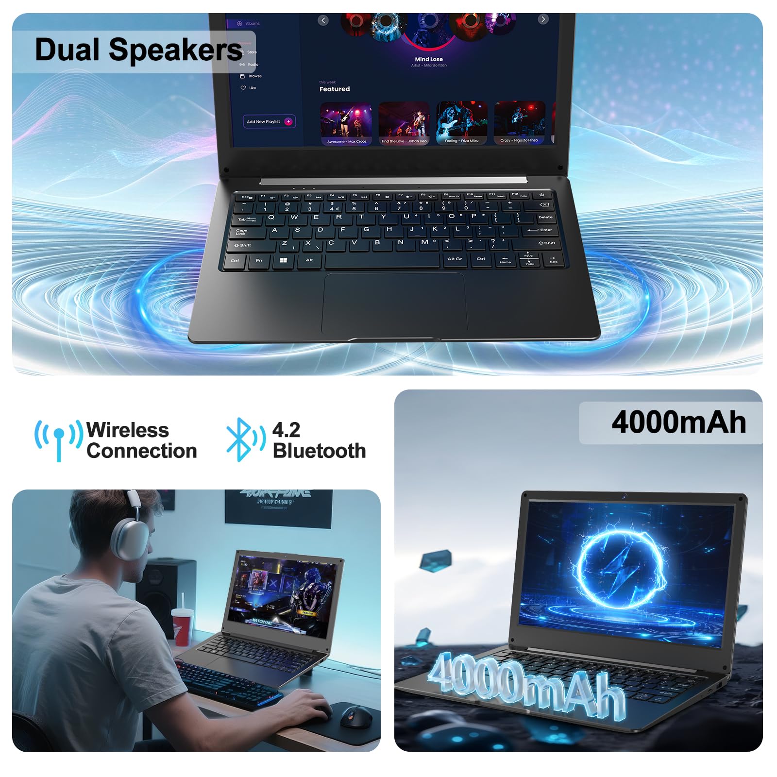 Azeyou 11.6” Laptop HD Display, N4000 Processor Student Laptop Computer 4GB,4000mAh,Russian English Keyboard OS 11 Pro Laptops