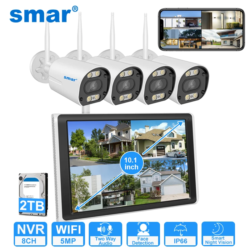 Kit de cámara Wifi Smar de 5MP/3MP, detección facial Ai, visión a todo Color, cámara IP, 8 canales, NVR 10,1, LCD, sistema de vigilancia CCTV inalámbrico