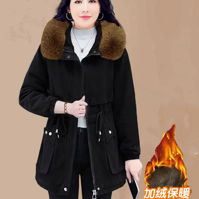 Abrigo acolchado de algodón con cuello de piel desmontable para mujer, Parkas de talla grande 5XL, prendas de vestir, chaqueta acolchada de estilos medio largo 2024